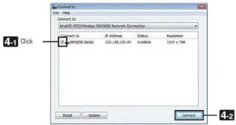Connect to List Help Connect to IneLIO PROVWindows 3945468 Network Connection Connect to IP Address Status Resolution a IP Address 202.106.180.40 Available 1924 x 768 Detail Update Connect 4-2 4-1 Click