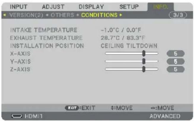 INPUT ADJUST DISPLAY SETUP INFD. VERSION(2) • OTHERS • CONDITIONS ▶ 3/3 INTAKE TEMPERATURE -1.0°C / 0.0°F EXHAUST TEMPERATURE 28.7°C / 83.3°F INSTALLATION POSITION CEILING TILTDOWN X-AXIS 5 Y-AXIS 5 Z-AXIS 5 EXIT :EXIT +:MOVE +:MOVE HDMI1 ADVANCED