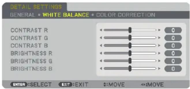 DETAIL SETTINGS GENERAL • WHITE BALANCE • COLOR CORRECTION CONTRAST R CONTRAST G CONTRAST B BRIGHTNESS R BRIGHTNESS G BRIGHTNESS B 0 0 0 0 0 0 0 0 0 0 0 0 ENTER :SELECT EXIT :EXIT :MOVE :MOVE