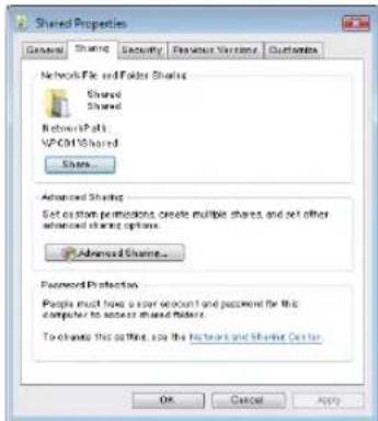 Shared Properties General Sharing Security Features Version Guidelines Network File and Folder Sharing Shared Shared Network Files: VPCAT/Shared Shares... Advanced Sharing Set action permissions, create multiple shares, and set other advanced sharing options. Advanced Shares... Password Protection People must have a user account and password for this computer to access shared folders. To change this so wind, also the Partners and Shared Center. OK Cancel Apply