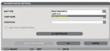AUTHENTICATION SETTINGS EAP TYPE PEAP-MSO-SPY2 EAP-TLS USER NAME &TENET-SPY2 PASSWORD USE THE AUTHIFICATION CS CERTIFICATE CLEAR CERTIFICATES OK CANCEL SELECT EXIT NO. OFC