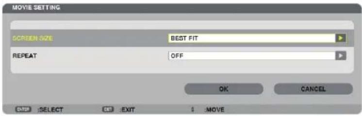 MOVIE SETTING SCREEN SIZE BEST FIT REPEAT OFF OK CANCEL SELECT EXIT :MOVE