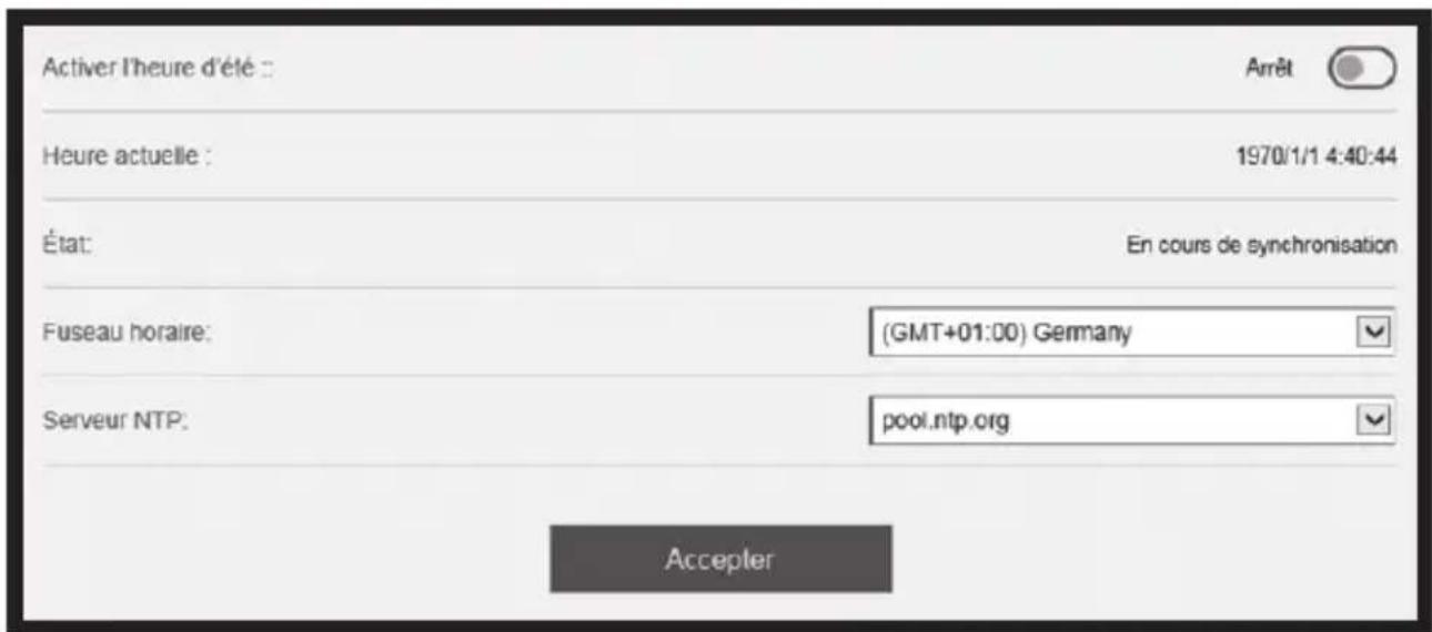 Activer l'heure d'été : Arrêt Heure actuelle : 1970/1/1 4:40:44 État: En cours de synchronisation Fuseau horaire: (GMT+01:00) Germany Serveur NTP: pool.ntp.org Accepter