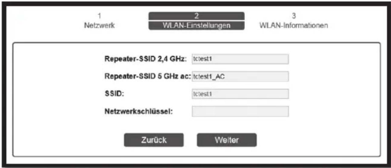 1 Netzwerk 2 WLAN-Einstellungen 3 WLAN-Informationen Repeater-SSID 2,4 GHz: tctest1 Repeater-SSID 5 GHz ac: tctest1_AC SSID: tctest1 Netzwerkschlüssel: Zurück Weiter