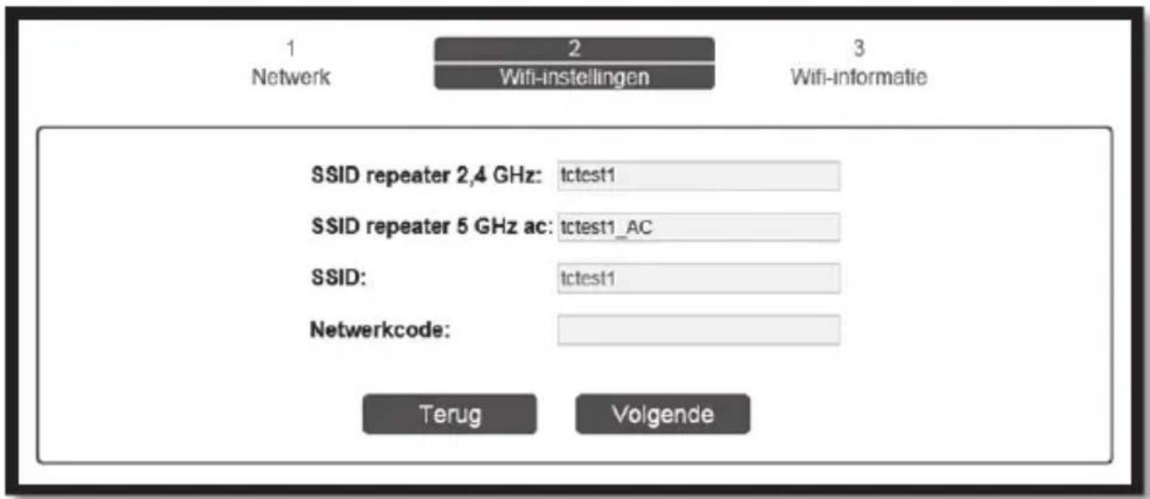 1 Netwerk 2 Wifi-instellingen 3 Wifi-informatie SSID repeater 2,4 GHz: tctest1 SSID repeater 5 GHz ac: tctest1_AC SSID: tctest1 Netwerkcode: Terug Volgende