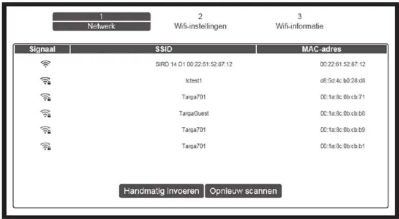 1 Netwerk 2 Wifi-instellingen 3 Wifi-informatie Signaal SSID MAC-adres SIRD 14 D1 00:22:61:52:87:12 00:22:61:52:87:12 Ictest1 d8:5d:4c:b0:28:d8 Targa701 00:1a:8c:0b:c:b:71 TargaGuest 00:1a:8c:0b:c:b:8 Targa701 00:1a:8c:0b:c:b:9 Targa701 00:1a:8c:0b:c:b:1 Handmatig invoeren Opnieuw scannen