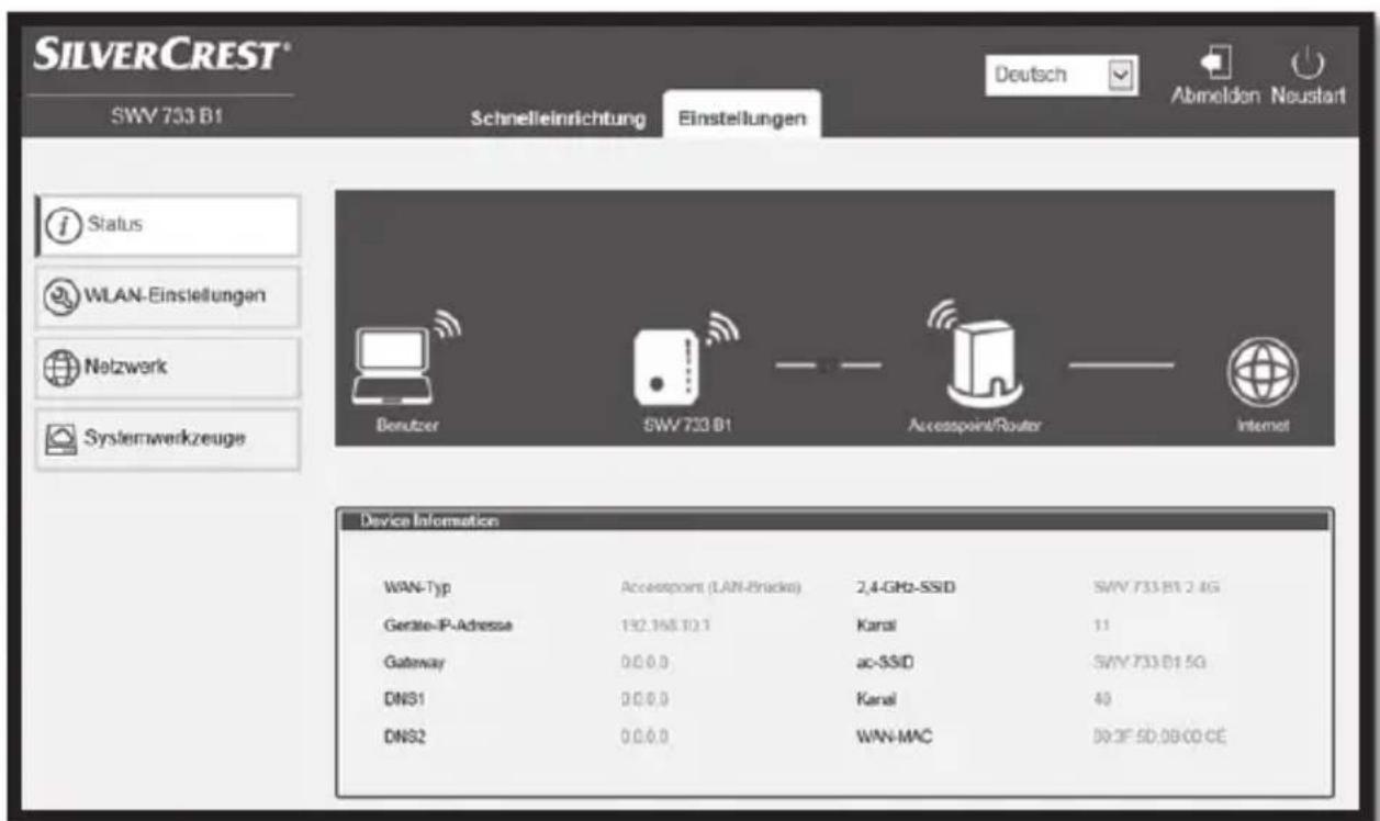 SILVERCREST® SWV 733 B1 Schnelleinrichtung Einstellungen Deutsch Abmelden Neustart Status WLAN-Einstellungen Netzwerk Systemwerkzeuge Denutzer SWV 733 B1 Accesspoint/Router Internet Device Information WAN-Typ Accespoint (LAN-Bracks) 2,4-GHz-SS/D SWV 733 B1 2.4G Geräte-IP-Adresse 192.168.10.1 Karval 11 Gateway 0.0.0.0 ac-SS/D SWV 733 B1 5G DNS1 0.0.0.0 Karval 40 DNS2 0.0.0.0 WAN-MAC 09:3F 5D.0B 00 CE