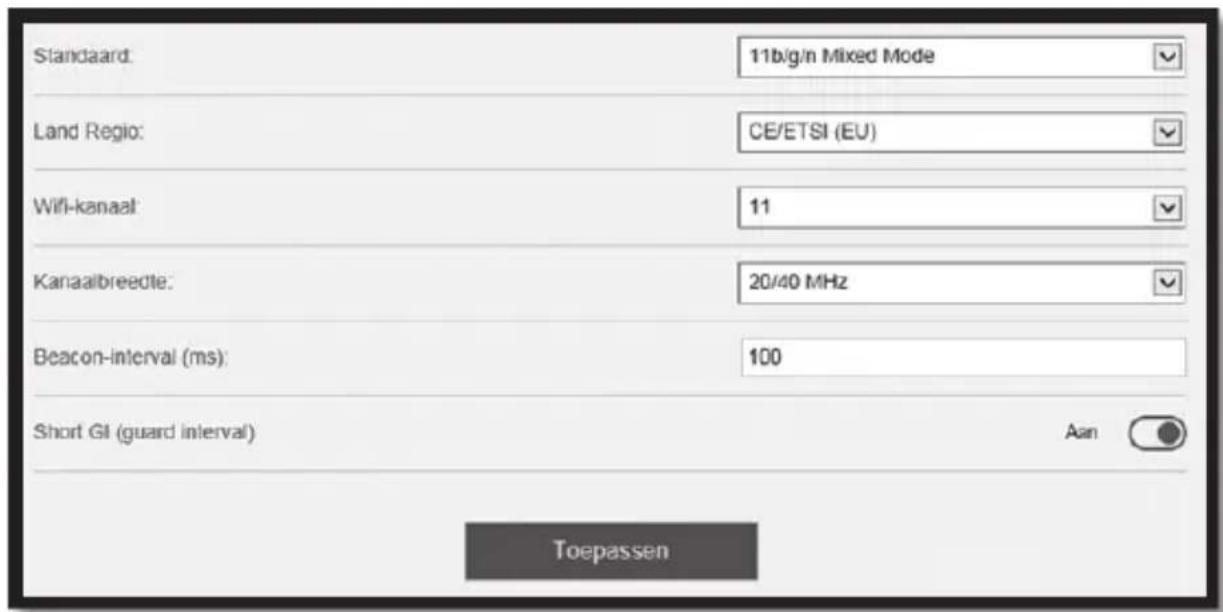 Standaard: 11b/g/n Mixed Mode Land Regio: CE/ETSI (EU) Wifi-kanaal: 11 Kanaalbreedte: 20/40 MHz Beacon-interval (ms): 100 Short GI (guard interval) Aan Toepassen