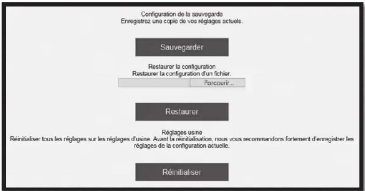 Configuration de la sauvegarde Enregistrez une copie de vos réglages actuels. Sauvegarder Restaurer la configuration Restaurer la configuration d'un fichier. Porcourir... Restaurer Réglages usine Réinitialiser tous les réglages sur les réglages d'usine. Avant la réinitialisation, nous vous recommandons fortement d'enregistrer les réglages de la configuration actuelle. Réinitialiser