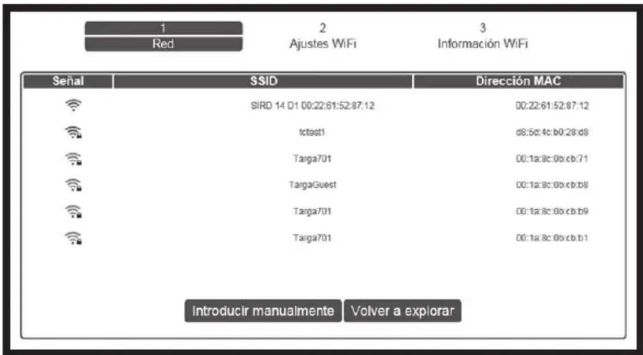 1 Red 2 Ajustes WiFi 3 Información WiFi Señal SSID Dirección MAC SIRD 14 D1 00:22:61:52:87:12 00:22:61:52:87:12 tctest1 d8:5c:4c:b0:28:d8 Targa701 00:1a:8c:0b:cb:71 TargaGuest 00:1a:8c:0b:cb:b8 Targa701 00:1a:8c:0b:cb:b9 Targa701 00:1a:8c:0b:cb:b1 Introducir manualmente Volver a explorar