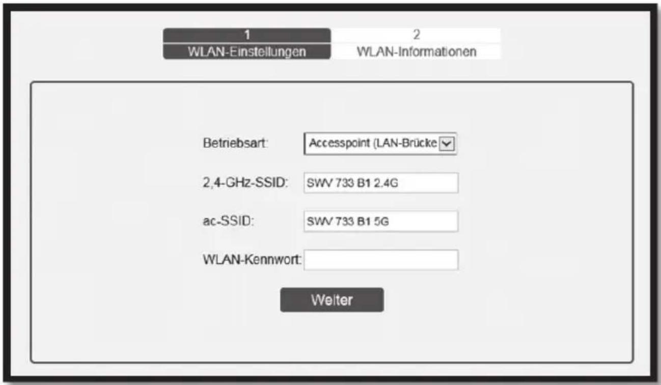 1 WLAN-Einstellungen 2 WLAN-Informationen Betriebsart: Accesspoint (LAN-Brücke 2,4-GHz-SSID: SWV 733 B1 2.4G ac-SSID: SWV 733 B1 5G WLAN-Kennwort: Weiter