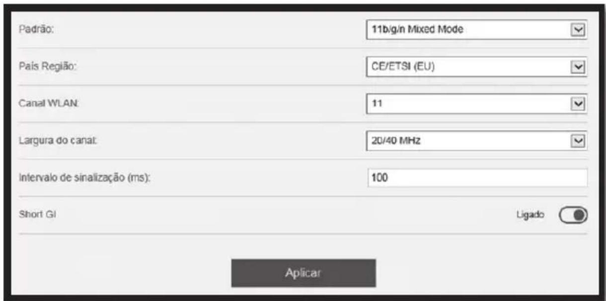 Padrão: 11b/g/n Mixed Mode País Região: CE/ETSI (EU) Canal WLAN: 11 Largura do canal: 20/40 MHz Intervalo de sinalização (ms): 100 Short GI Ligado Aplicar