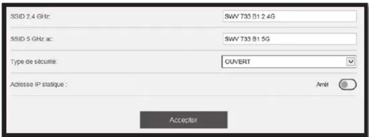 SSID 2.4 GHz: SWV 733 B1 2.4G SSID 5 GHz ac: SWV 733 B1 5G Type de sécurité: OUVERT Adresse IP statique : Arrêt Acceptor