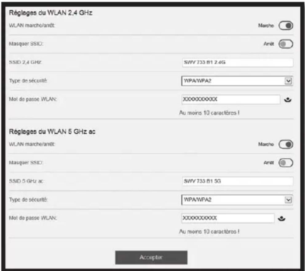 Réglages du WLAN 2.4 GHz WLAN marché/arrêt: Marche Masquer SSID: Arrêt SSID 2.4 GHz: SWV 733 B1 2.4G Type de sécurité: WPA/WPA2 Mol de passe WLAN: XXXXXXXXXXX Au moins 10 caractères ! Réglages du WLAN 5 GHz ac WLAN marché/arrêt: Marche Masquer SSID: Arrêt SSID 5 GHz ac: SWV 733 B1 5G Type de sécurité: WPA/WPA2 Mol de passe WLAN: XXXXXXXXXXX Au moins 10 caractères ! Accepter