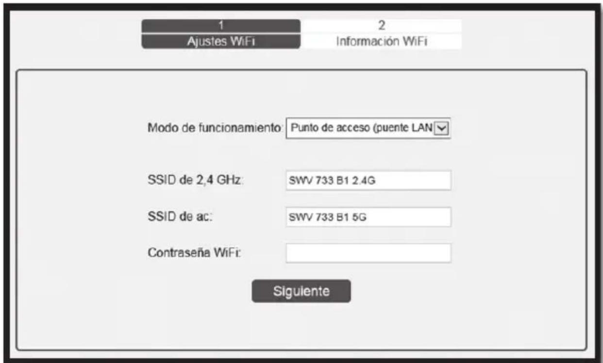 1 Ajustes WiFi 2 Información WiFi Modo de funcionamiento: Punto de acceso (puente LAN SSID de 2,4 GHz: SWV 733 B1 2.4G SSID de ac: SWV 733 B1 5G Contraseña WiFi: Siguiente