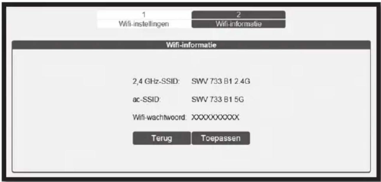 1 Wifi-instellingen 2 Wifi-informatie Wifi-informatie 2,4 GHz-SSID: SWV 733 B1 2.4G ac-SSID: SWV 733 B1 5G Wifi-wachtwoord: XXXXXXXXXX Terug Toepassen