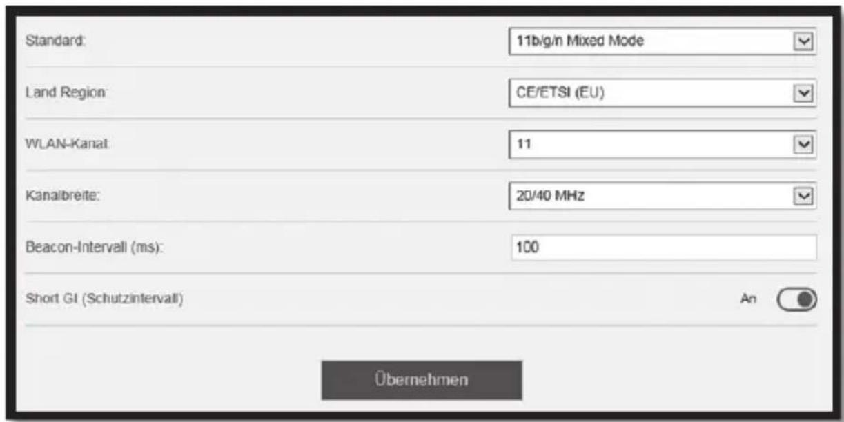 Standard: 11b/g/n Mixed Mode Land Region: CE/ETSI (EU) WLAN-Kanat: 11 Kanalbreite: 20/40 MHz Beacon-Intervall (ms): 100 Short GI (Schutzintervall) An Übernehmen