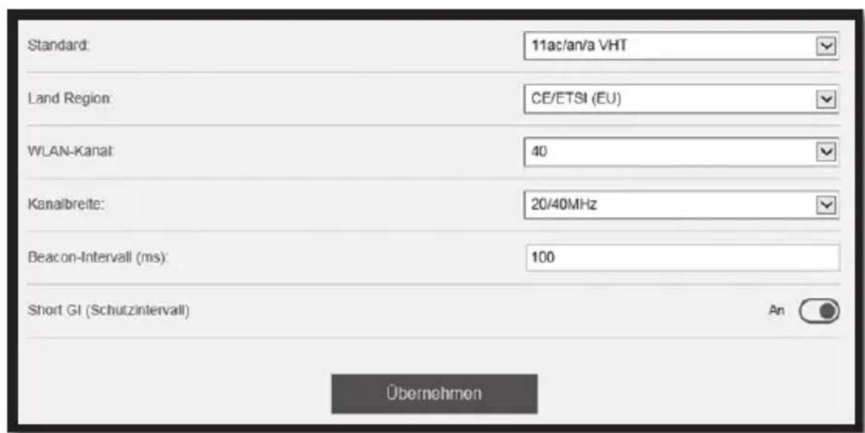 Standard: 11ac/an/a VHT Land Region: CE/ETSI (EU) WLAN-Kanal: 40 Kanalbreite: 20/40MHz Beacon-Intervall (ms): 100 Short GI (Schutzintervall) An Übernehmen