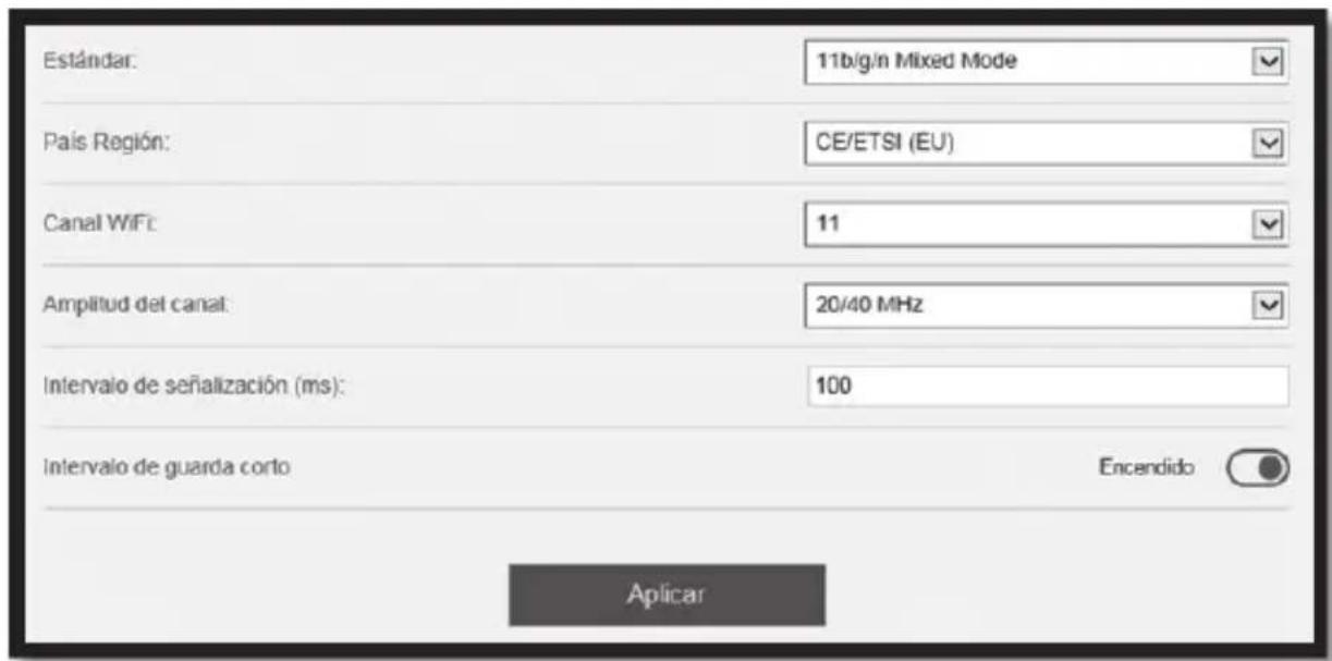 Estándar: 11b/g/n Mixed Mode País Región: CE/ETSI (EU) Canal WiFi: 11 Amplitud del canal: 20/40 MHz Intervalo de señalización (ms): 100 Intervalo de guarda corto Encendido Aplicar