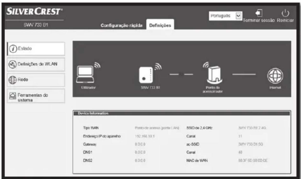SILVERCREST® SWV 733 B1 Configuração rápida Definições Português Terminar sessão Reiniciar Estado Definições de WLAN Redo Ferramentas do sistema Utilizador SWV 733 B1 Ponto da acesso router Internet Device Information Tipo WAN Ponto de acesso (ponte LAN) SSID de 2.4 GHz SWV 733 B1 2.4G Endereço IP do apareho 192.168.10.1 Canal 11 Gateway 0.0.0.0 ac-SSID SWV 733 B1 5G DNS1 0.0.0.0 Canal 40 DNS2 0.0.0.0 MAC de WAN 003F 5D:08:00 CE