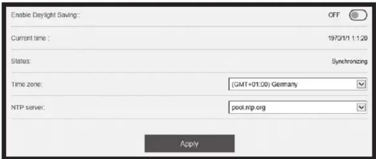 Enable Daylight Saving: OFF Current time : 1970/1/1 1:1:20 Status: Synchronizing Time zone: (GMT+01:00) Germany NTP server: pool.ntp.org Apply