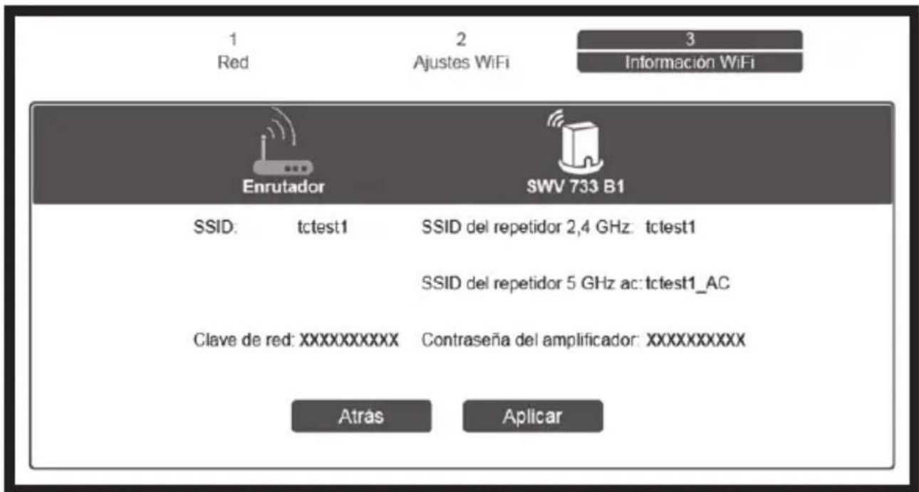 1 Red 2 Ajustes WiFi 3 Información WiFi Enrutador SWV 733 B1 SSID: tctest1 SSID del repetidor 2,4 GHz: tctest1 SSID del repetidor 5 GHz ac:tctest1_AC Clave de red:XXXXXXXXX Contraseña del amplificador:XXXXXXXXX Atras Aplicar
