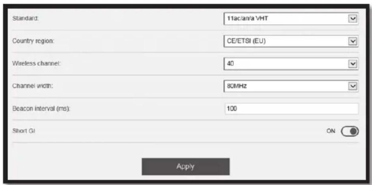 Standard: 11ac/an/a VHT Country region: CE/ETSI (EU) Wireless channel: 40 Channel width: 80MHz Beacon interval (ms): 100 Short GI ON Apply
