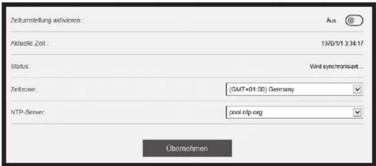 Zeitumstellung aktivieren: Aus Aktuelle Zeit : 1970/1/1 3:34:17 Status: Wird synchronisiert... Zeitzone: (GMT+01:00) Germany NTP-Server: pool.ntp.org Übernehmen