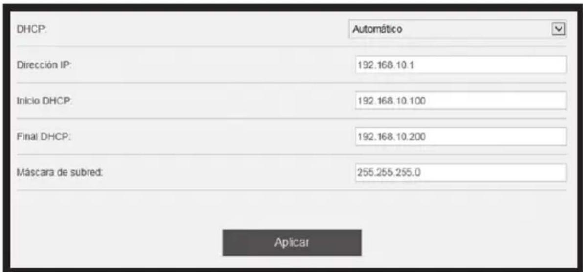 DHCP: Automático Dirección IP: 192.168.10.1 Inicio DHCP: 192.168.10.100 Final DHCP: 192.168.10.200 Máscara de subred: 255.255.255.0 Aplicar