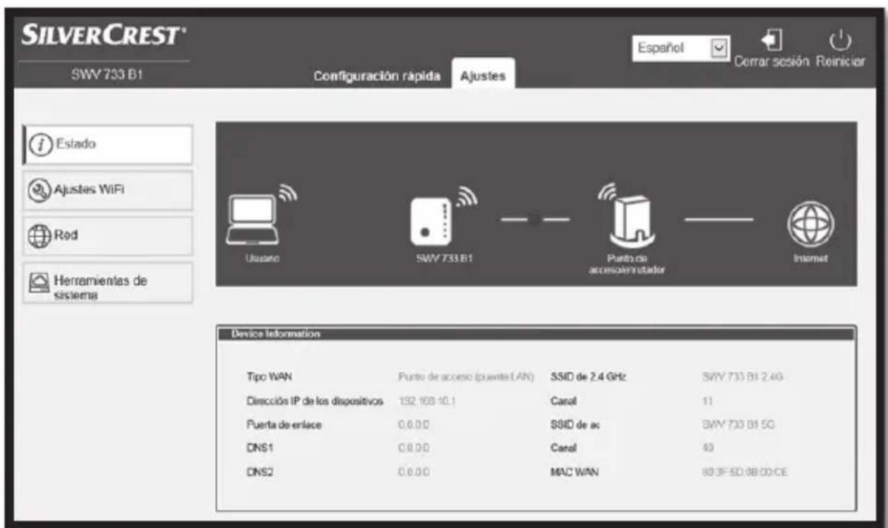 SILVERCREST® SWV 733 B1 Configuración rápida Ajustes Español Corrar sesión Reiniciar Estado Ajustes WiFi Rod Herramientas de sistema Utusano SWV 733 B1 Punto de accesorimutador Internet Device Information Tipo WAN Dirección IP de los dispositivos Fuerta de enlace DNS1 DNS2 Punto de acceso (puente LAN) SSID de 2.4 GHz Canal SSID de ac Canal MAC WAN SWV 733 B1 2.4G 11 BWV 733 B1 5G 40 80 3F 5D 0B 00 CE