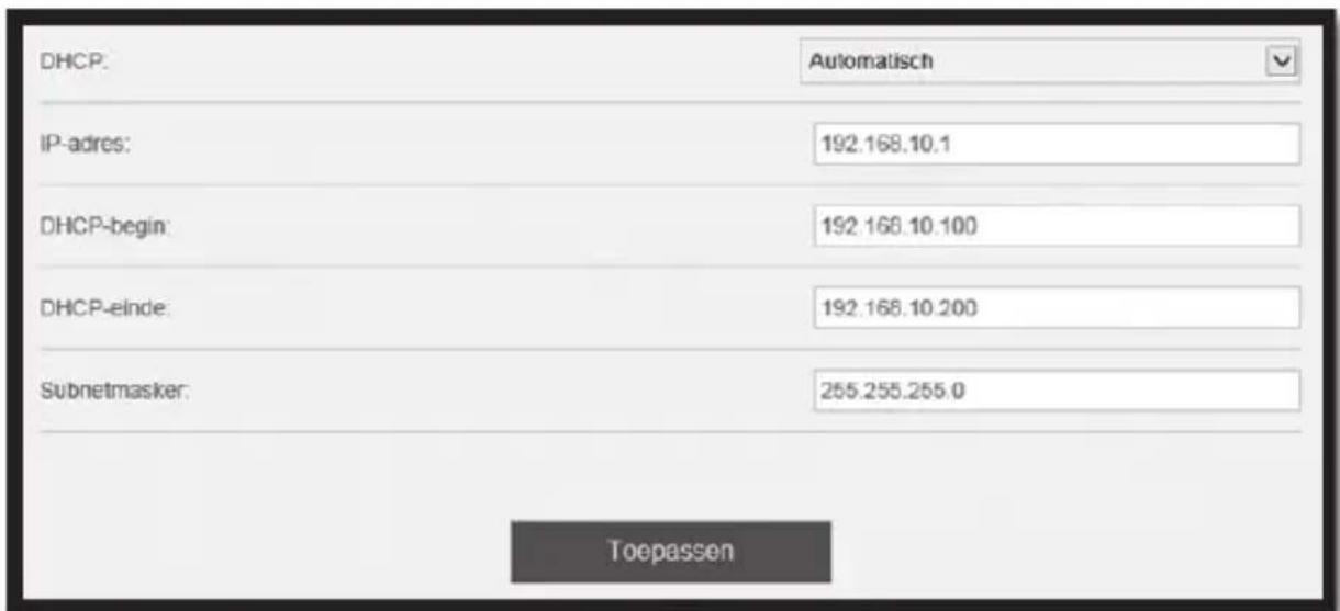 DHCP: Automatisch IP-adres: 192.168.10.1 DHCP-begin: 192.168.10.100 DHCP-einde: 192.168.10.200 Subnetmasker: 255.255.255.0 Toepassen