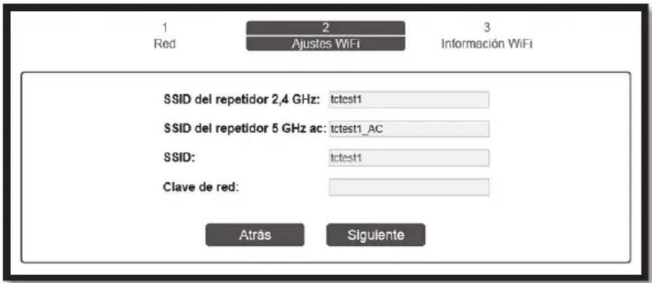 1 Red 2 Ajustes WiFi 3 Información WiFi SSID del repetidor 2,4 GHz: tctest1 SSID del repetidor 5 GHz ac: tctest1_AC SSID: tctest1 Clave de red: Atrás Siguiente