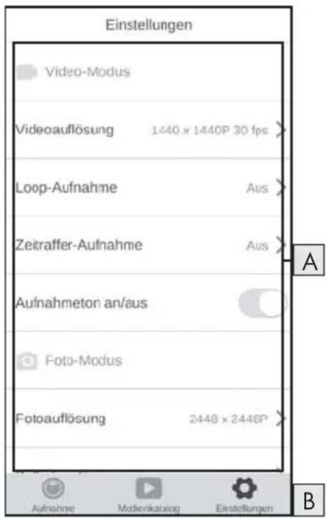 Einstellungen Video-Modus Videoauflösung 1440 x 1440P 30 fps Loop-Aufnahme Aus Zeitraffer-Aufnahme Aus Aufnahmeton an/aus Foto-Modus Fotoauflösung 2448 x 2448P Aufnahme Moßenkatalog Einstellungen A B
