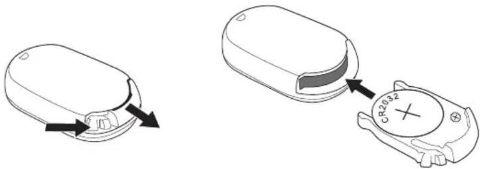 Diagram showing two views of a computer mouse with a close-up of its internal component labeled CR2032 and a cross mark.