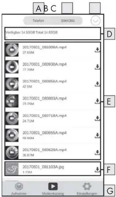 A B C Telefon SWK360 Verfügbar:14.53GB Total:14.83GB 20170601_081008A.mp4 37.65M 20170601_080930A.mp4 77.28M 20170601_080856A.mp4 42.5M 20170601_080803A.mp4 23.25M 20170601_080718A.mp4 24.71M 20170601_080655A.mp4 58.96M 20170601_080629A.mp4 36.87M 20170601_081103A.jpg 1.73M D E F G Aufnahme Modienkatalog Einstellungen