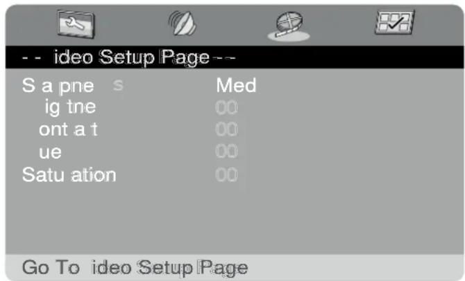 -- ideo Setup Page -- S a pne s Med ig tne 00 ont a t 00 ue 00 Satu ation 00 Go To ideo Setup Page