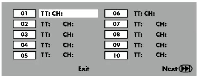 01 TT: CH: 02 TT: CH: 03 TT: CH: 04 TT: CH: 05 TT: CH: 06 TT: CH: 07 TT: CH: 08 TT: CH: 09 TT: CH: 10 TT: CH: Exit Next