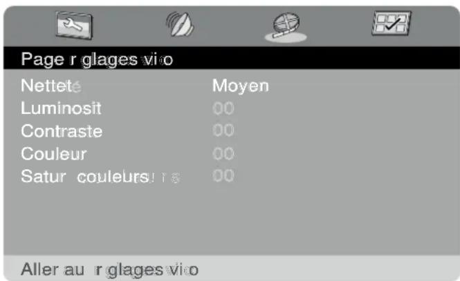 Page r glages vio Nettete Moyen Luminosit 00 Contraste 00 Couleur 00 Satur couleurs! 18 00 Aller au r glages vio