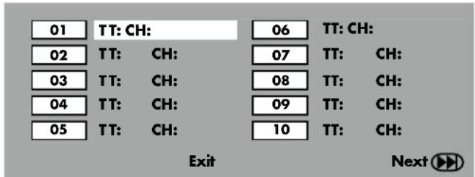 01 TT: CH: 02 TT: CH: 03 TT: CH: 04 TT: CH: 05 TT: CH: 06 TT: CH: 07 TT: CH: 08 TT: CH: 09 TT: CH: 10 TT: CH: Exit Next
