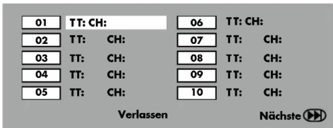 01 TT: CH: 06 TT: CH: 02 TT: CH: 07 TT: CH: 03 TT: CH: 08 TT: CH: 04 TT: CH: 09 TT: CH: 05 TT: CH: 10 TT: CH: Verlassen Nächste