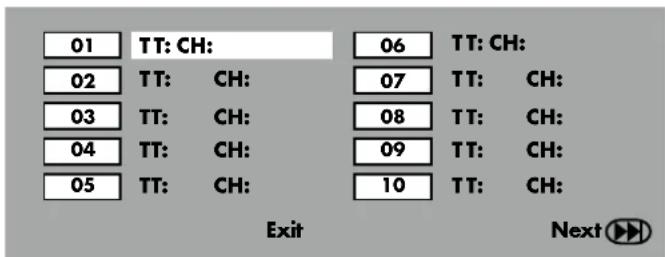 01 TT: CH: 02 TT: CH: 03 TT: CH: 04 TT: CH: 05 TT: CH: 06 TT: CH: 07 TT: CH: 08 TT: CH: 09 TT: CH: 10 TT: CH: Exit Next