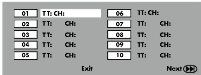 01 TT: CH: 02 TT: CH: 03 TT: CH: 04 TT: CH: 05 TT: CH: 06 TT: CH: 07 TT: CH: 08 TT: CH: 09 TT: CH: 10 TT: CH: Exit Next