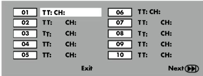 01 TT: CH: 02 TT: CH: 03 TT: CH: 04 TT: CH: 05 TT: CH: 06 TT: CH: 07 TT: CH: 08 TT: CH: 09 TT: CH: 10 TT: CH: Exit Next