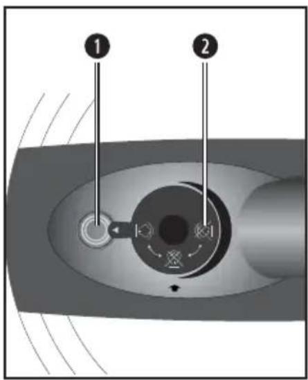 Diagram of a mechanical device with labeled parts, showing two numbered components and directional arrows indicating motion or flow.