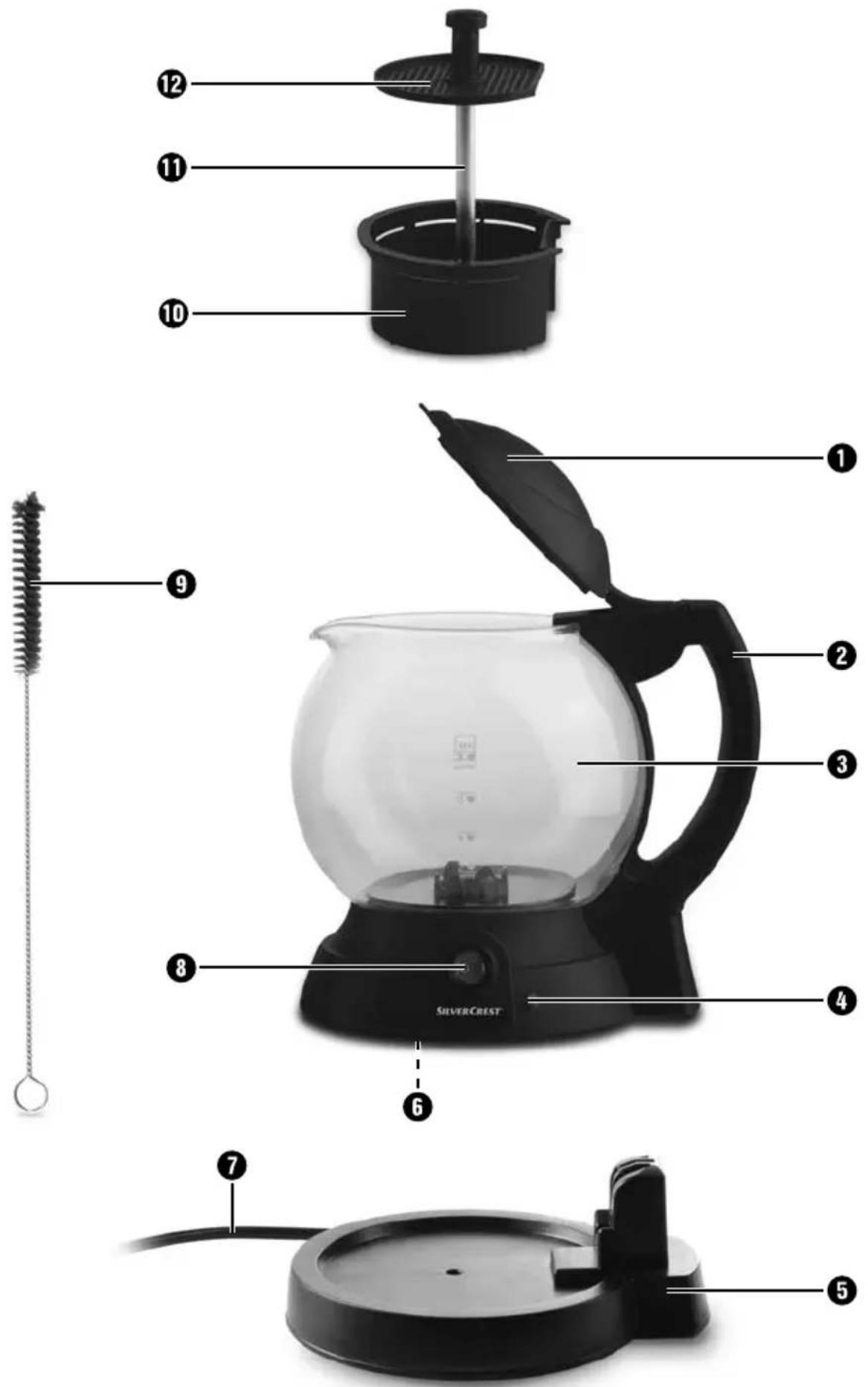 Labeled diagram of a SilverCrest coffee maker with numbered parts for identification and assembly reference.