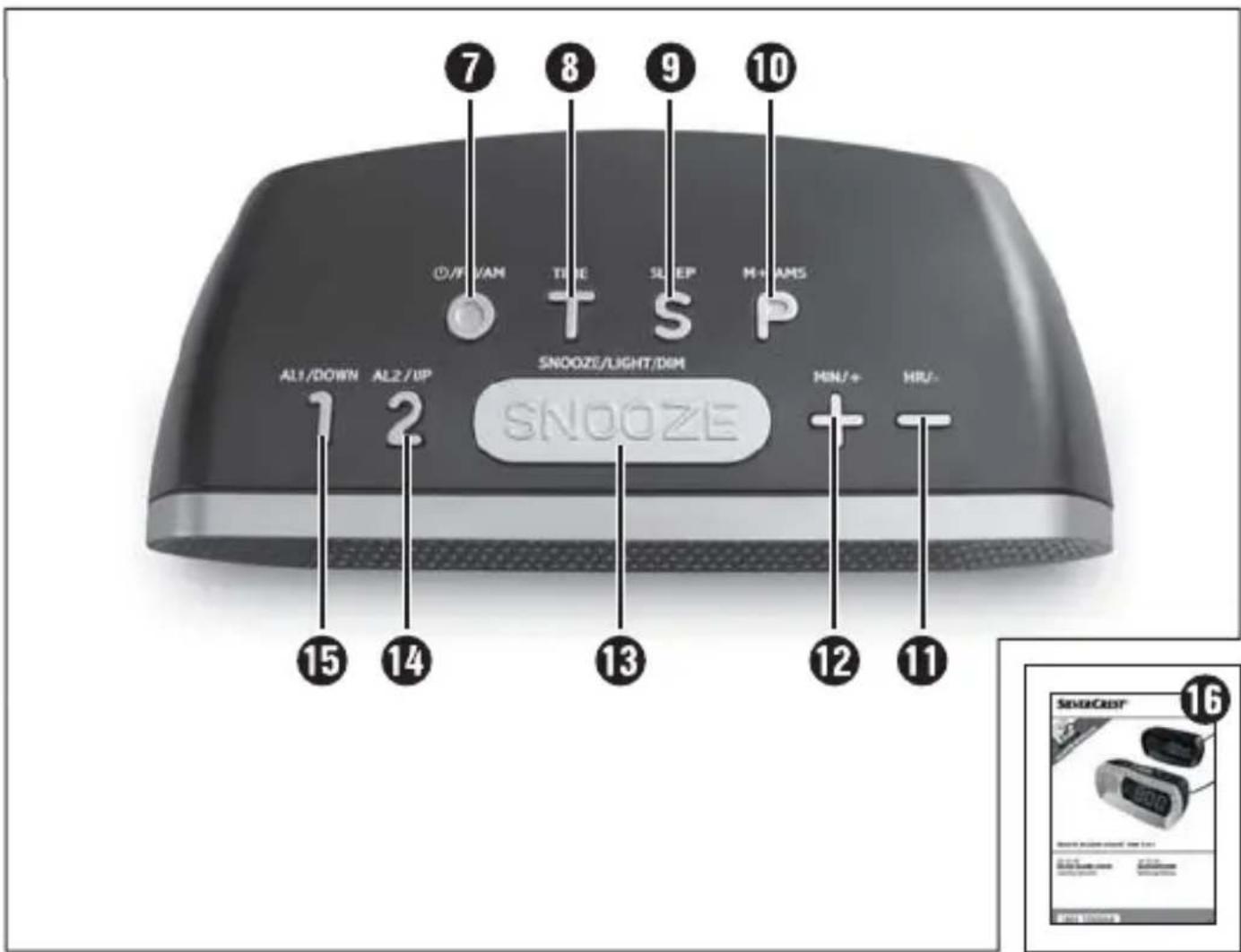 7 8 9 10 OFF/AM TIME SLEEP M+AMS AL1/DOWN AL2/UP SNOOZE/LIGHT/ DIM SNOOZE MIN/+ HR-/+ 15 14 13 12 11 SNEOCESI® 16