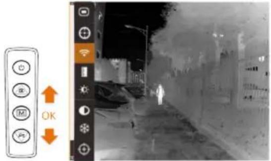Smartphone control interface with navigation buttons and a thermal image of a street scene at night
