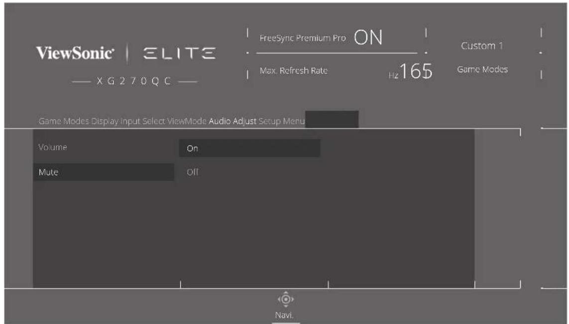 ViewSonic | ELITE X G 2 7 0 Q C FreeSync Premium Pro ON Max. Refresh Rate Hz 165 Custom 1 Game Modes Game Modes Display Input Select ViewMode Audio Adjust Setup Menu Volume On Mute Off Navi.