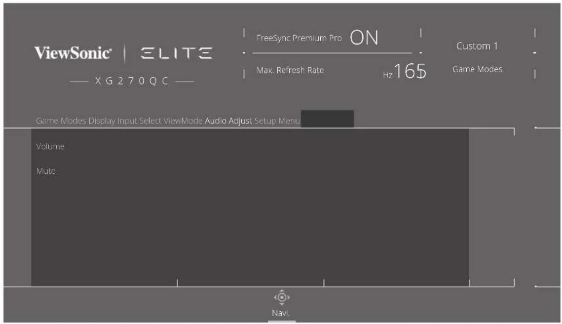 ViewSonic | ELITE X G 270QC — FreeSync Premium Pro ON Max. Refresh Rate Hz 165 Custom 1 Game Modes Game Modes Display Input Select ViewMode Audio Adjust Setup Menu Volume Multi Navi.