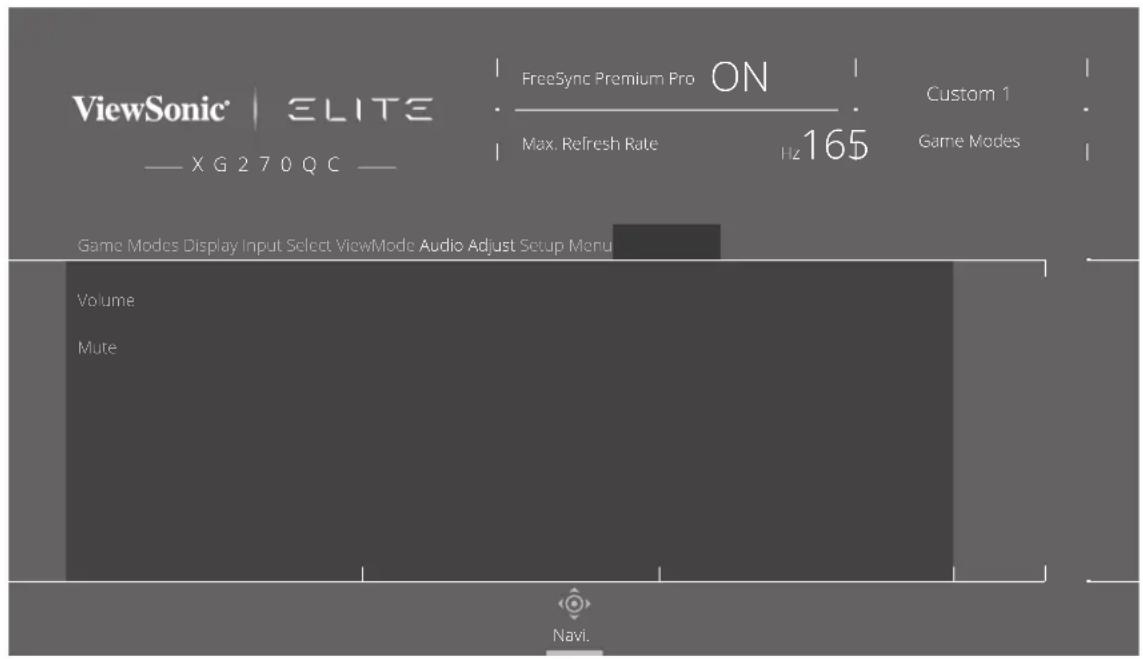 ViewSonic | ELITE —— X G 270 QC ——— FreeSync Premium Pro ON Max. Refresh Rate Hz 165 Custom 1 Game Modes Game Modes Display Input Select ViewMode Audio Adjust Setup Menu Volume Mute Navi.